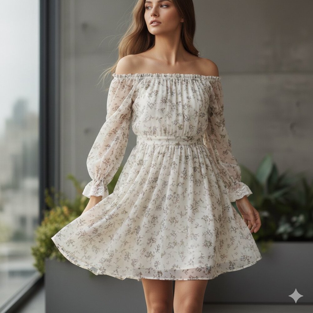 Floral Cream Dress with Lace Trim